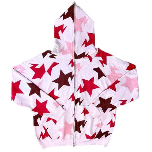 Star Pattern Hooded Cardigan Loose Unisex Sweatshirt - IntuitiveEncBoutique