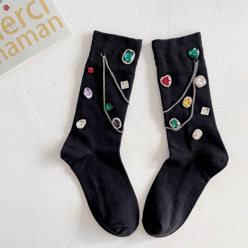 Diamond Black Chain Middle Tube Stacked Socks - IntuitiveEncBoutique