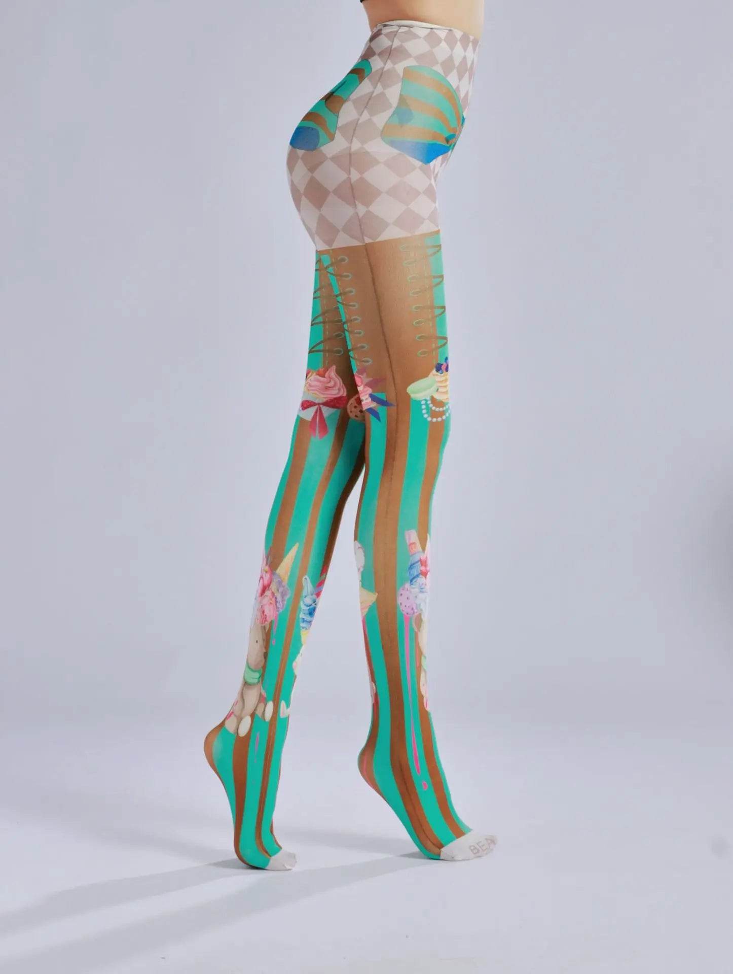 Cake ice cream printed pantyhose with striped checkered pattern as a base sock - IntuitiveEncBoutique