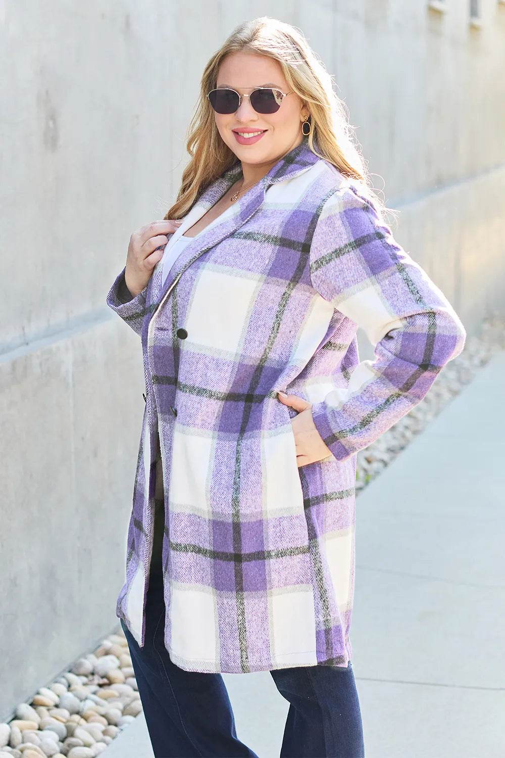 Double Take Full Size Plaid Button Up Lapel Collar Coat - IntuitiveEncBoutique