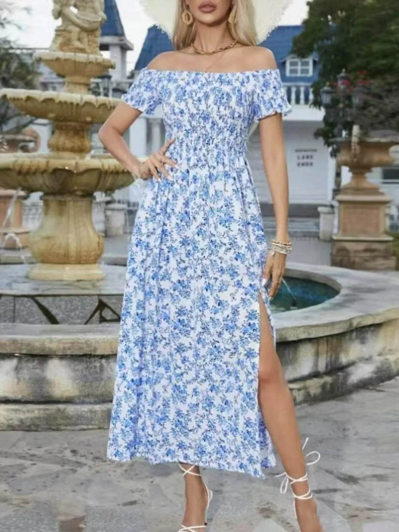 Full Size Slit Off-Shoulder Floral Midi Dress Plus Size - IntuitiveEncBoutique