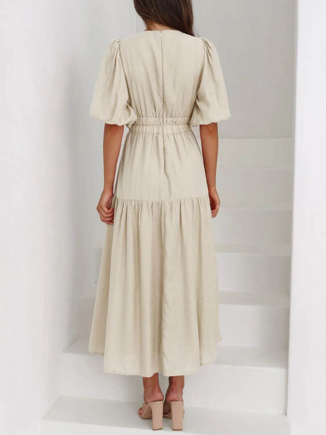 V-Neck Puff Sleeve Midi Dress - IntuitiveEncBoutique