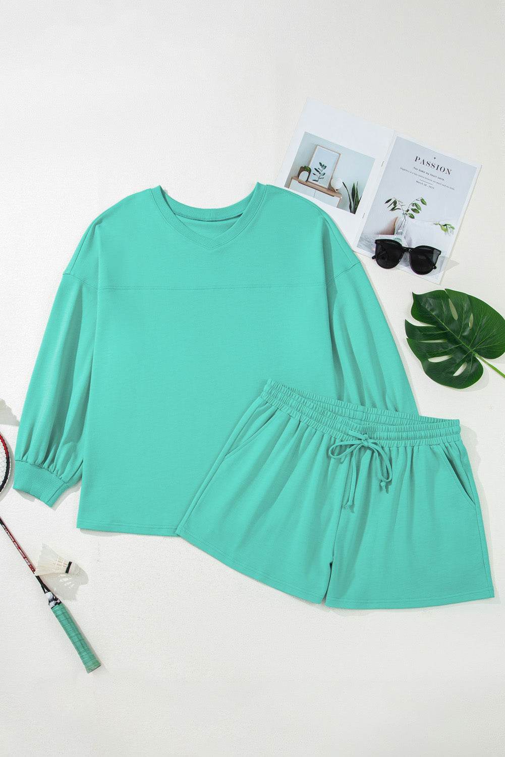 Sea Green Drop Shoulder V Neck Pullover Top and Drawstring Short Plus Size Set - IntuitiveEncBoutique