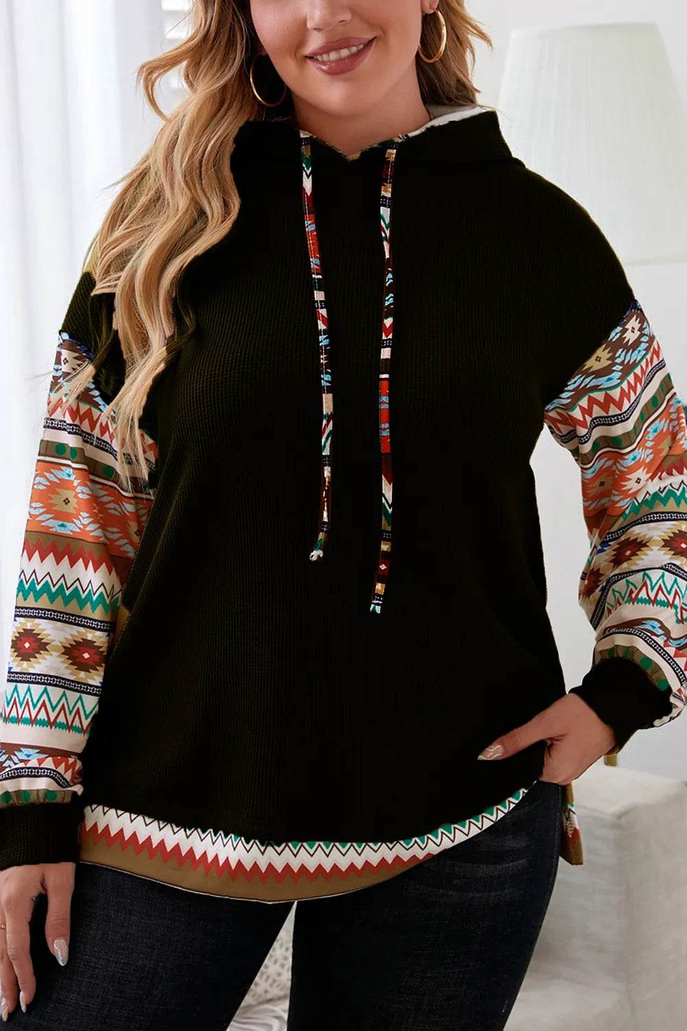 Plus Size Waffle-Knit Geometric Dropped Shoulder Hoodie - IntuitiveEncBoutique