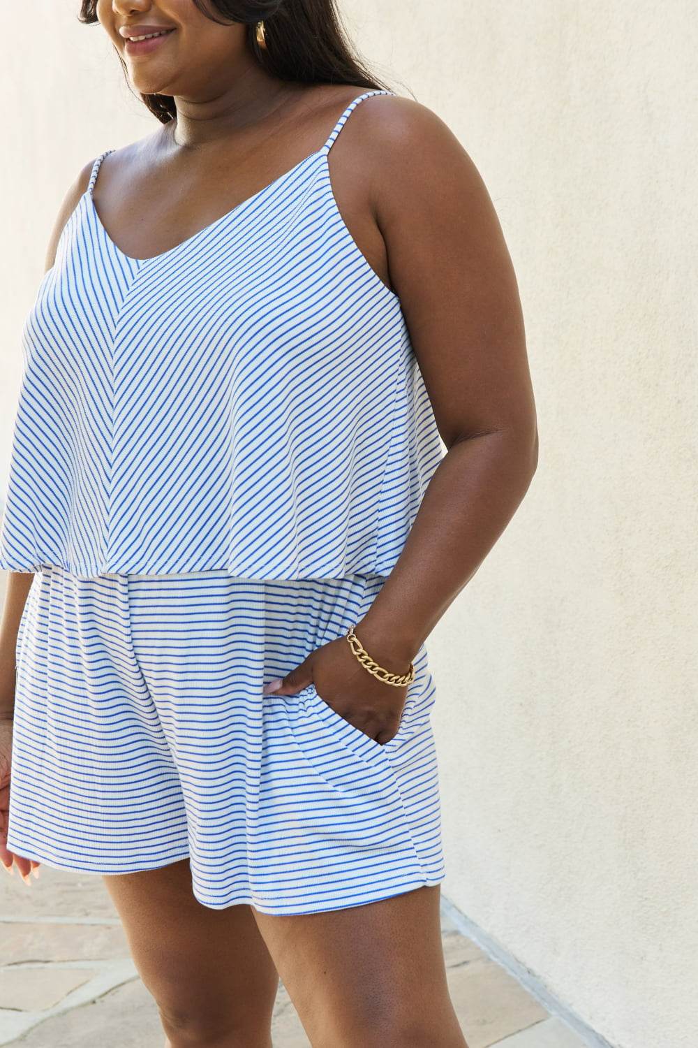 Culture Code Let It Happen Full Size Double Flare Striped Romper in Cobalt Blue - IntuitiveEncBoutique