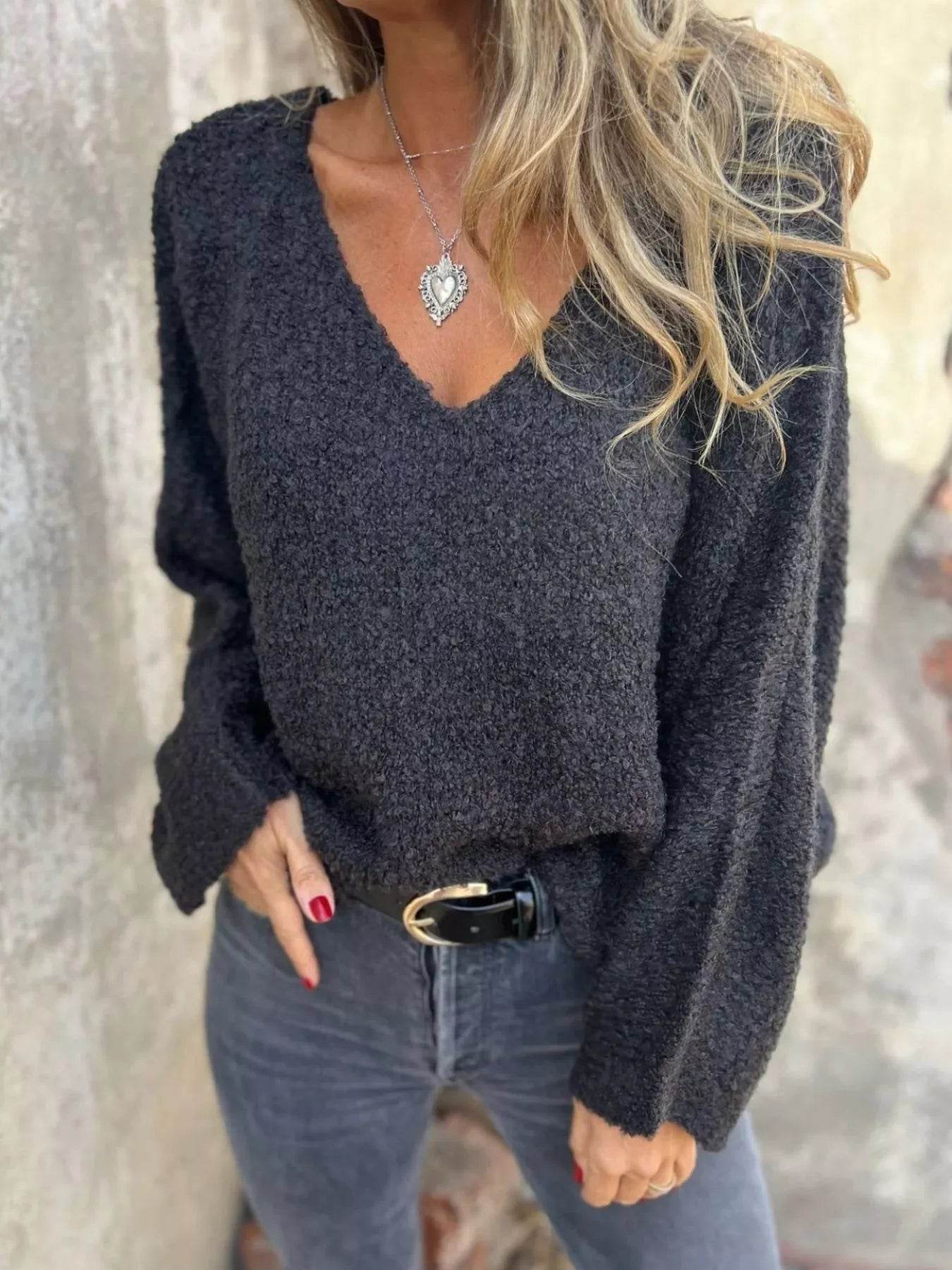 Full Size V-Neck Long Sleeve Sweater Plus Size - IntuitiveEncBoutique