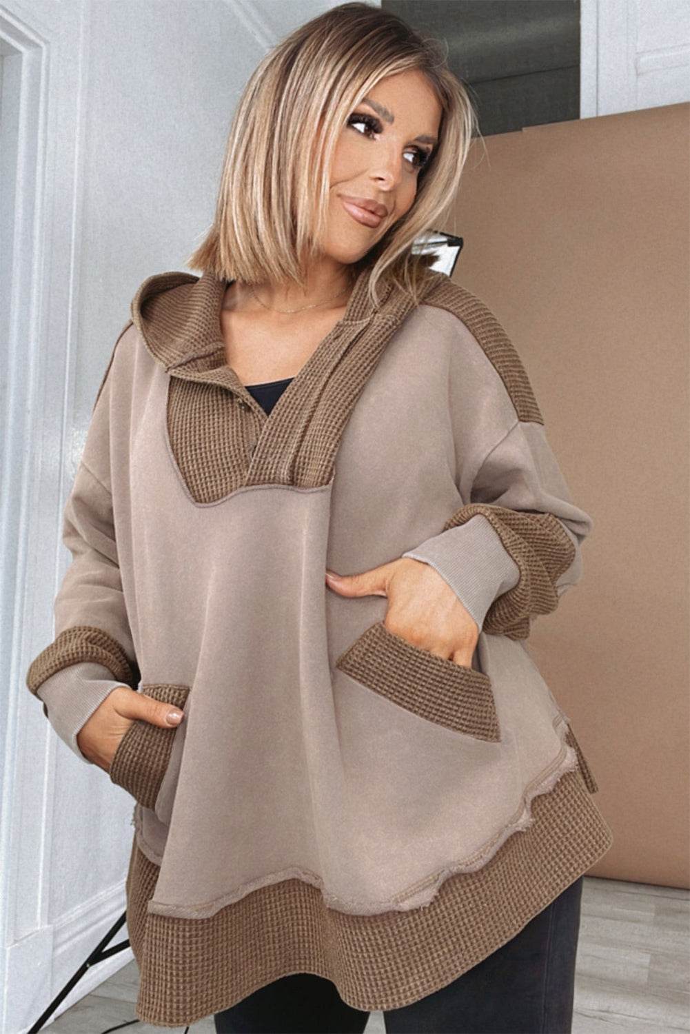Goat Waffle Contrast Patchwork Plus Size Pocketed Hoodie - IntuitiveEncBoutique