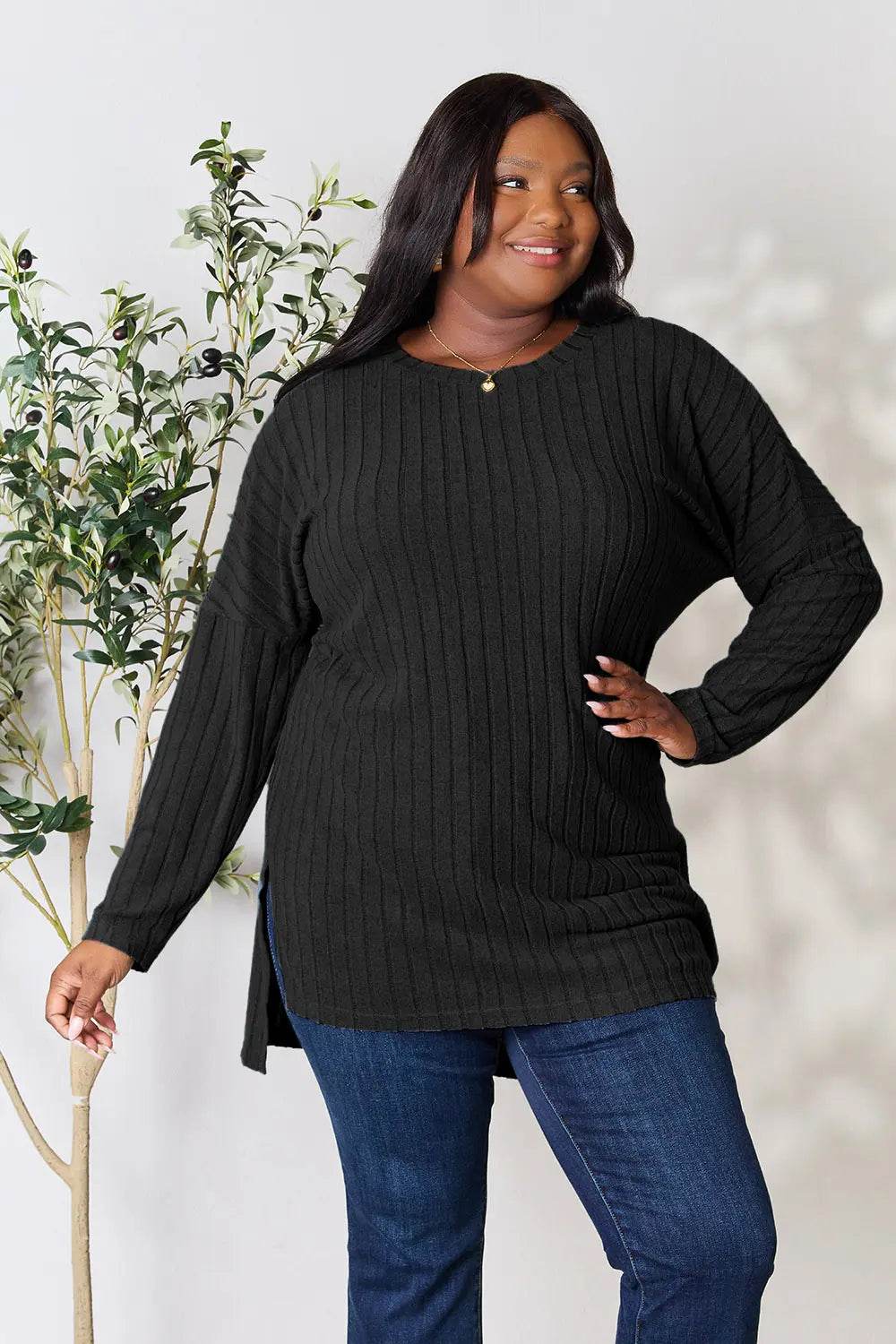 Basic Bae Full Size Ribbed Round Neck Long Sleeve Slit Top - IntuitiveEncBoutique