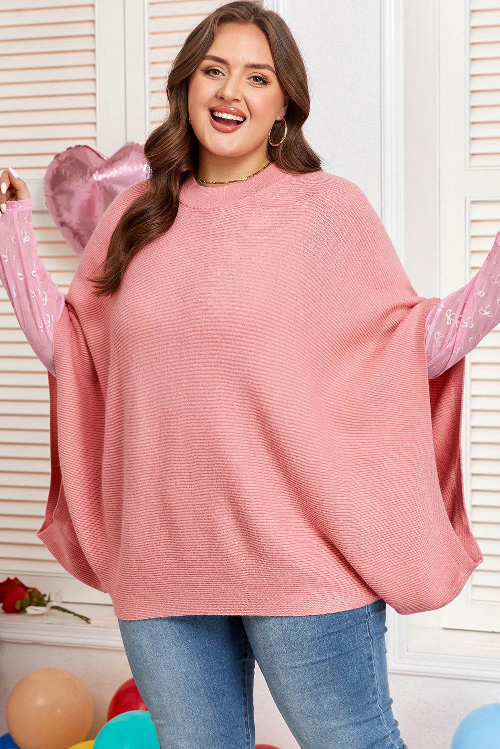 Light Pink Ribbed Knit Half Sleeve Plus Size Poncho Style Sweater - IntuitiveEncBoutique