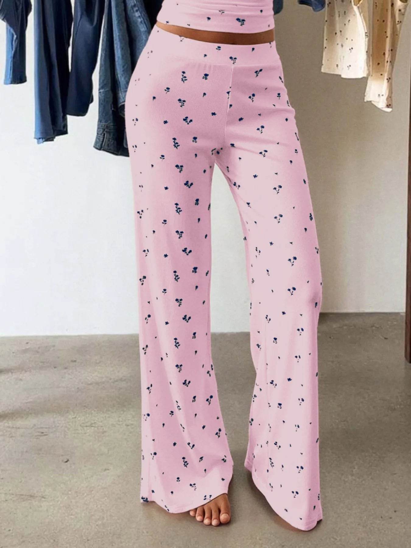 Floral Ribbed Cami and Wide Leg Pants Set - IntuitiveEncBoutique