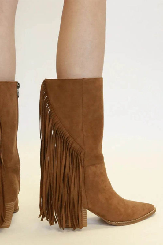 Beast Fashion Suede Fringe Point Toe Boots - IntuitiveEncBoutique