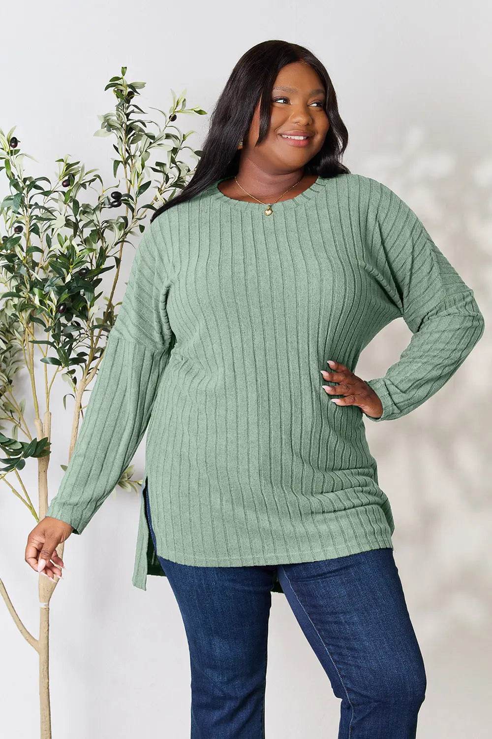 Basic Bae Full Size Ribbed Round Neck Long Sleeve Slit Top - IntuitiveEncBoutique