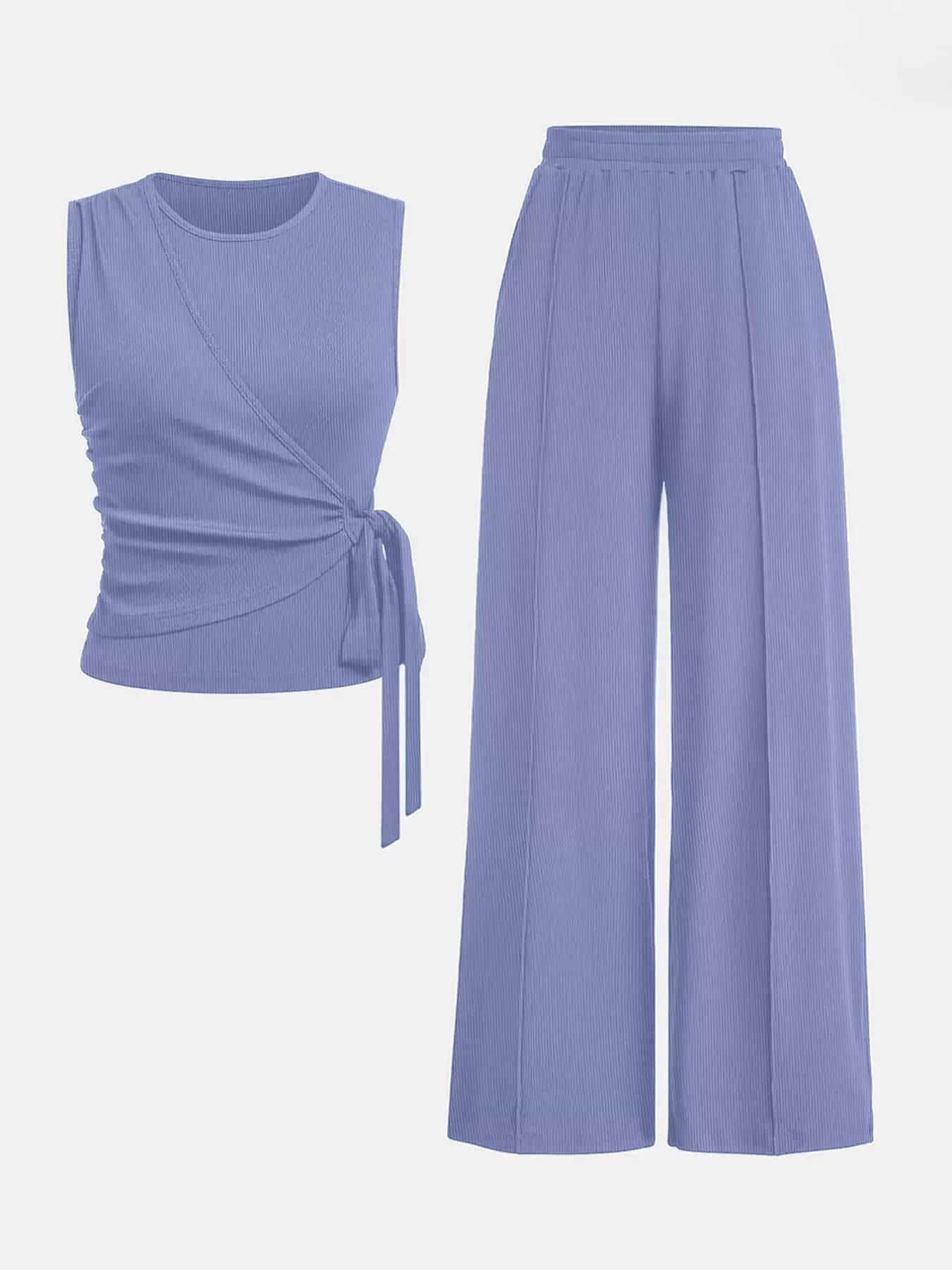 Side Tie Round Neck Tank and Pants Set - IntuitiveEncBoutique