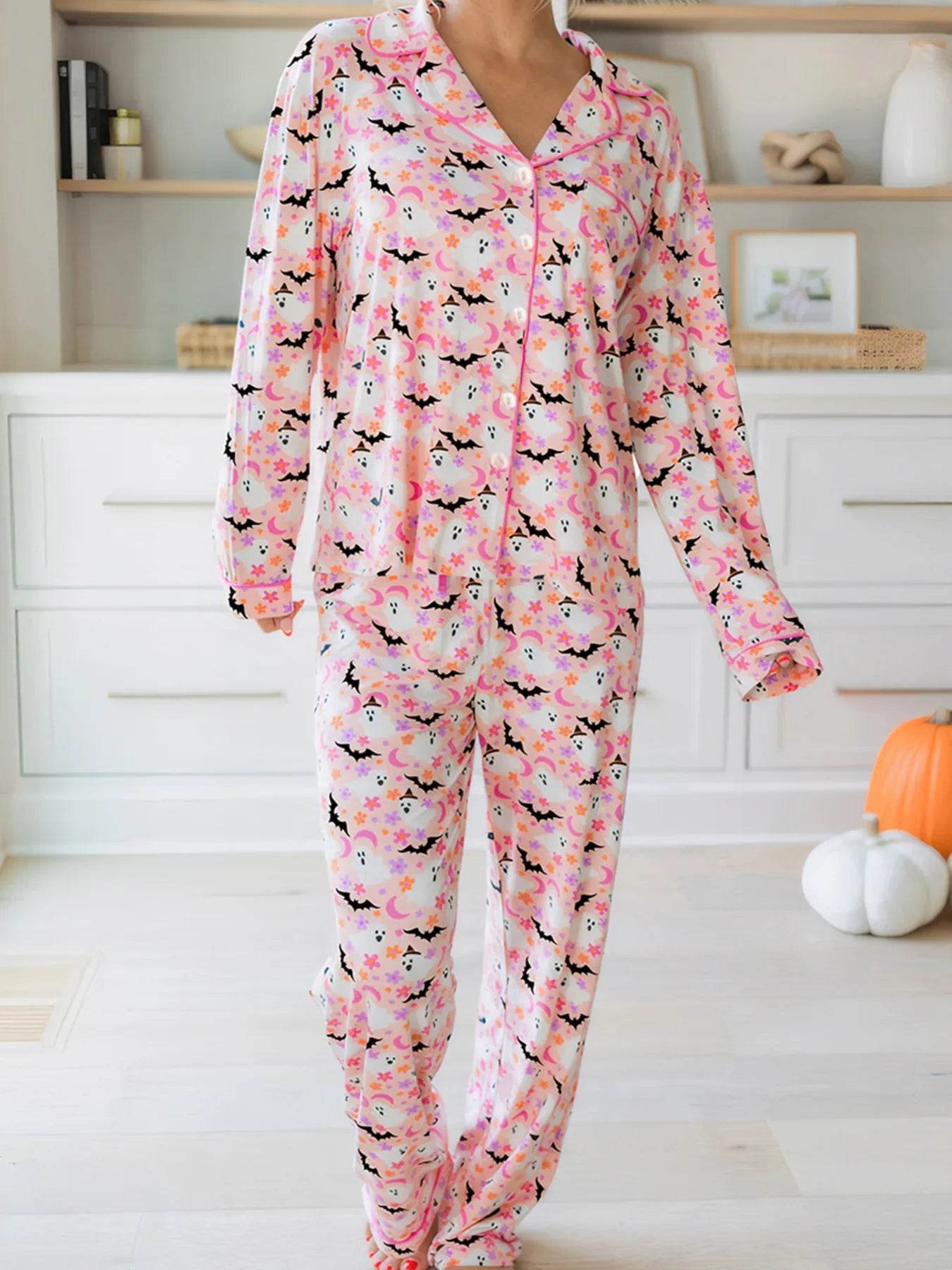 Halloween Ghost Print Button Up Top and Pants Lounge Set - IntuitiveEncBoutique