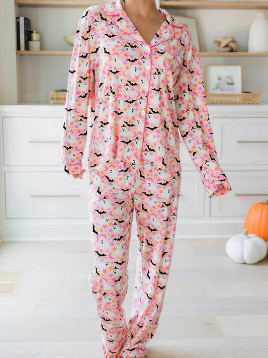 Halloween Ghost Print Button Up Top and Pants Lounge Set - IntuitiveEncBoutique