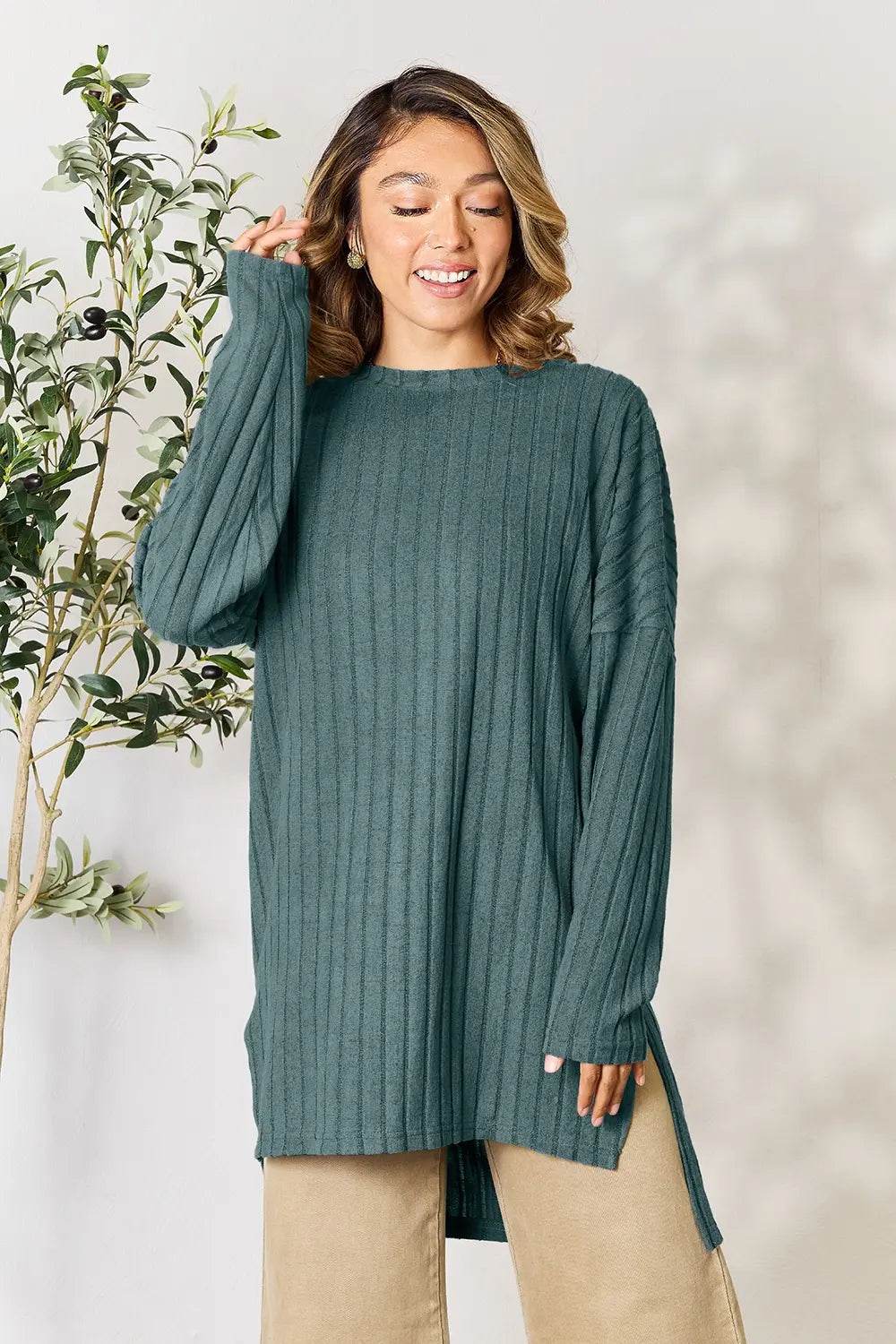 Basic Bae Full Size Ribbed Round Neck Long Sleeve Slit Top - IntuitiveEncBoutique