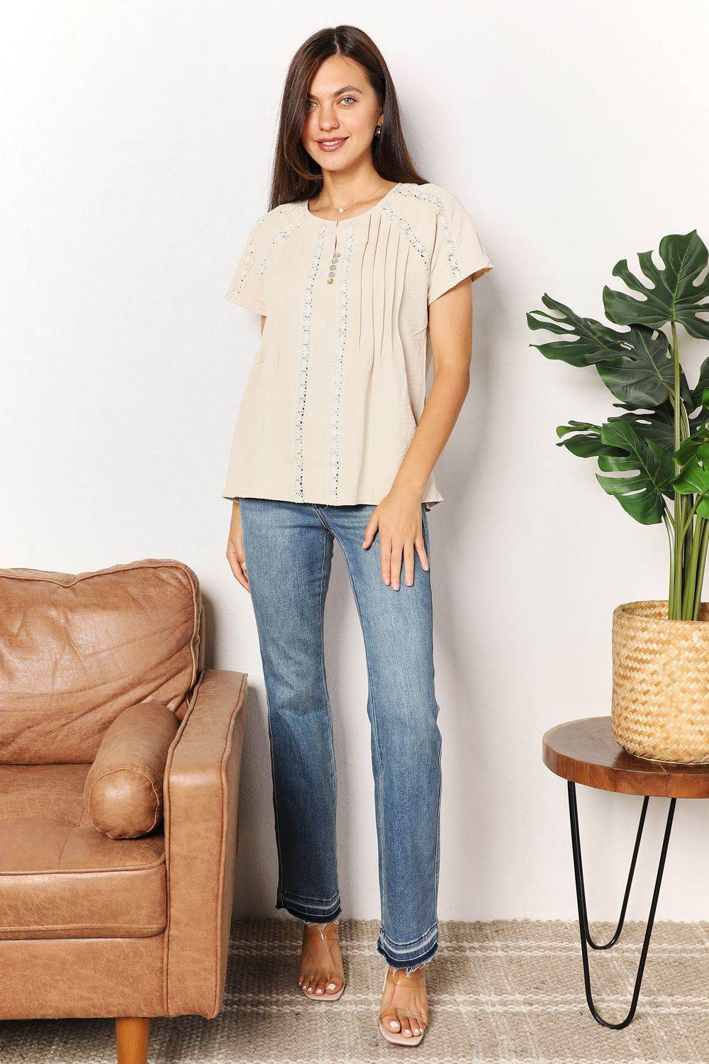 Double Take Crochet Buttoned Short Sleeves Top - IntuitiveEncBoutique
