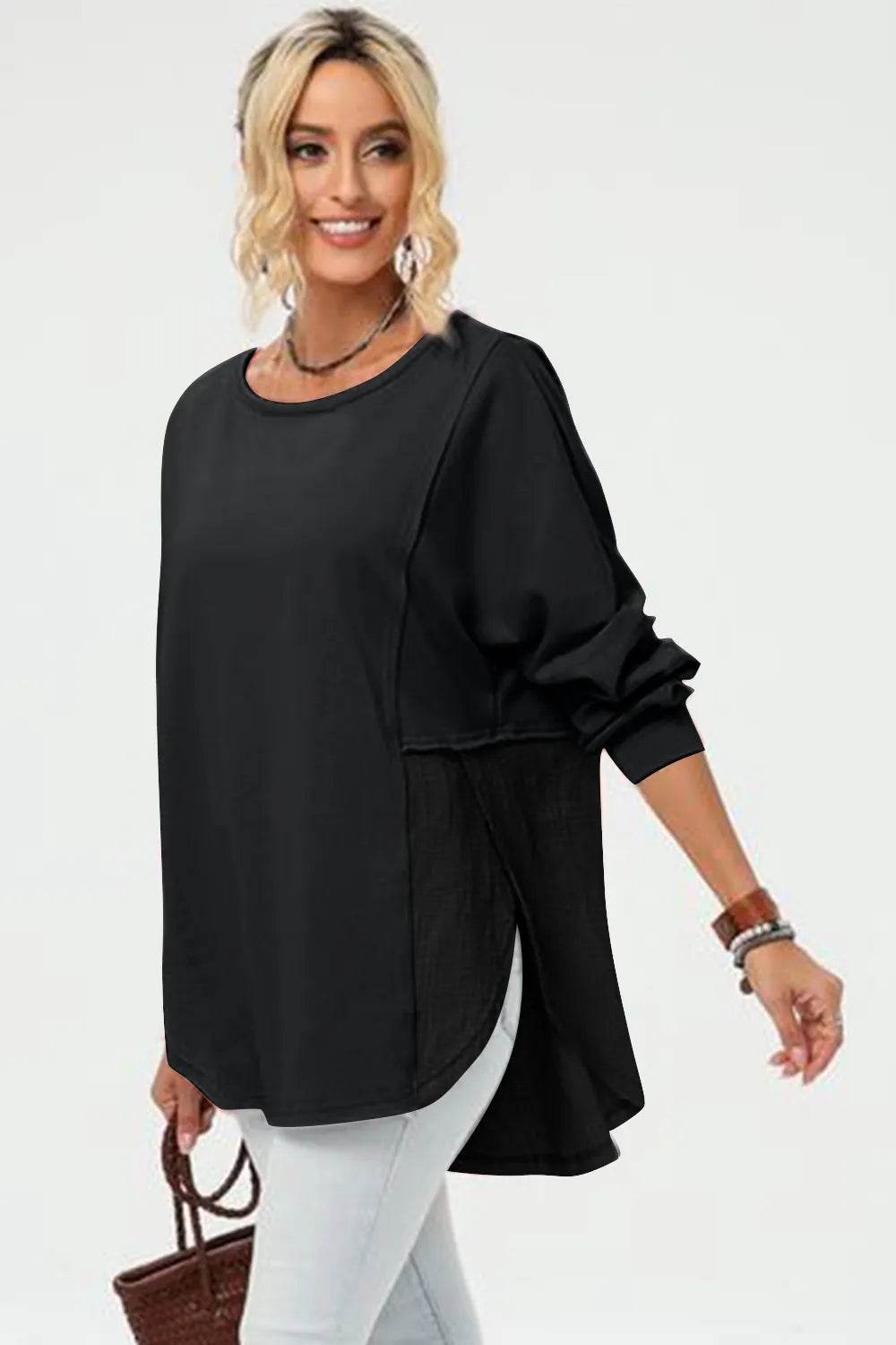 Double Take Full Size Long Sleeve High-Low T-Shirt - IntuitiveEncBoutique