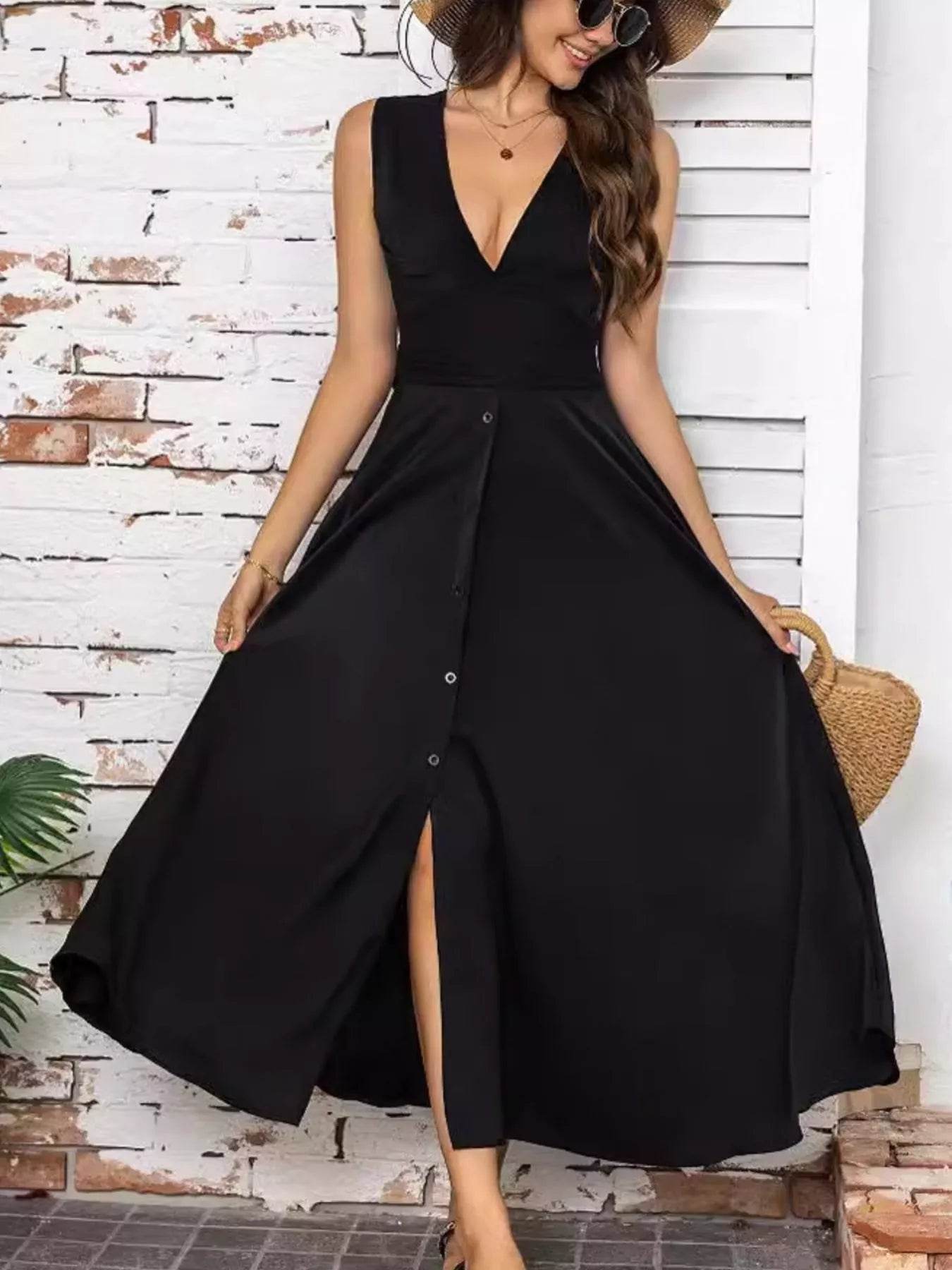 Full Size Slit V-Neck Sleeveless Dress Plus Size - IntuitiveEncBoutique