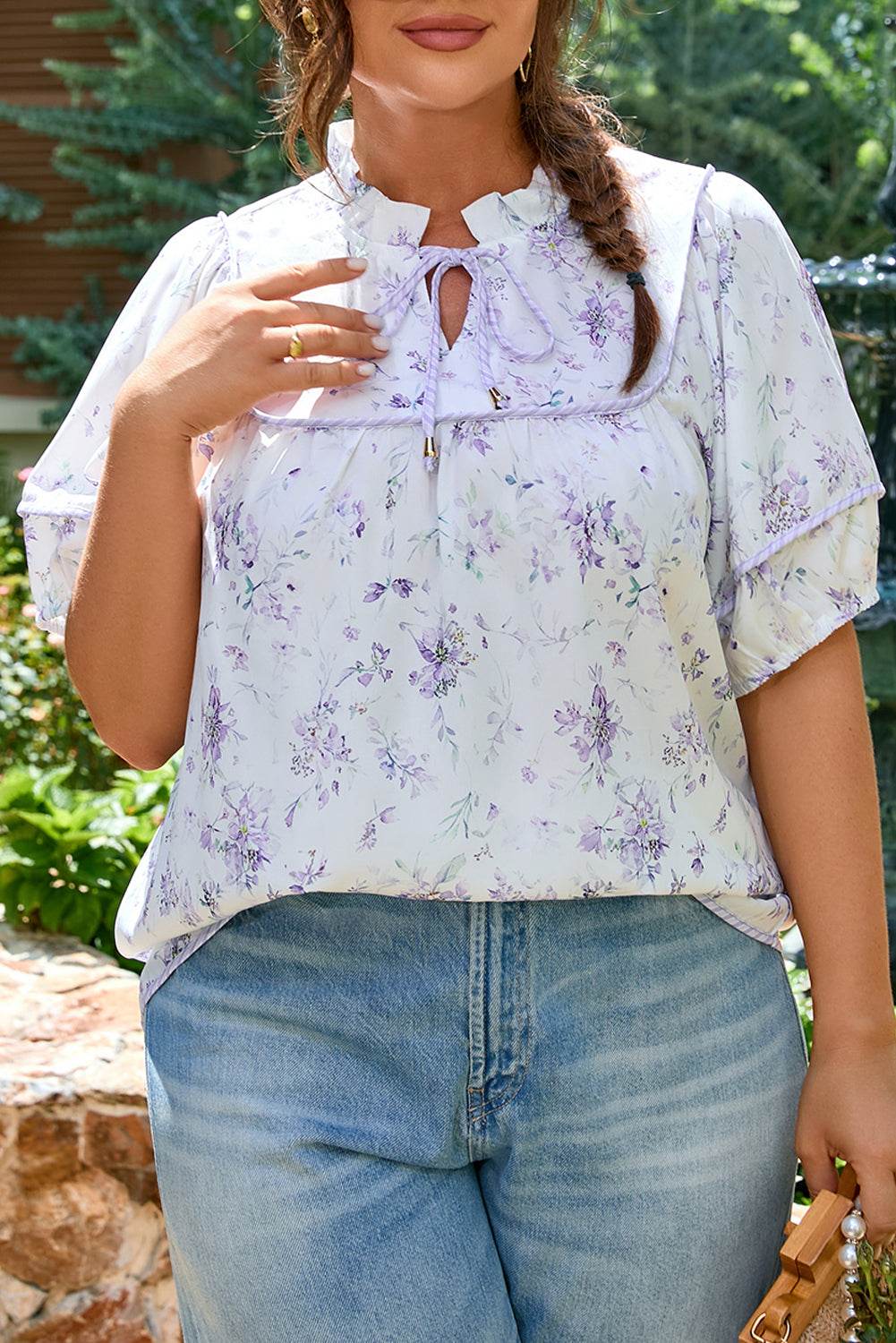 Purple Floral Trimmed Detail Split Neck Plus Size Top - IntuitiveEncBoutique