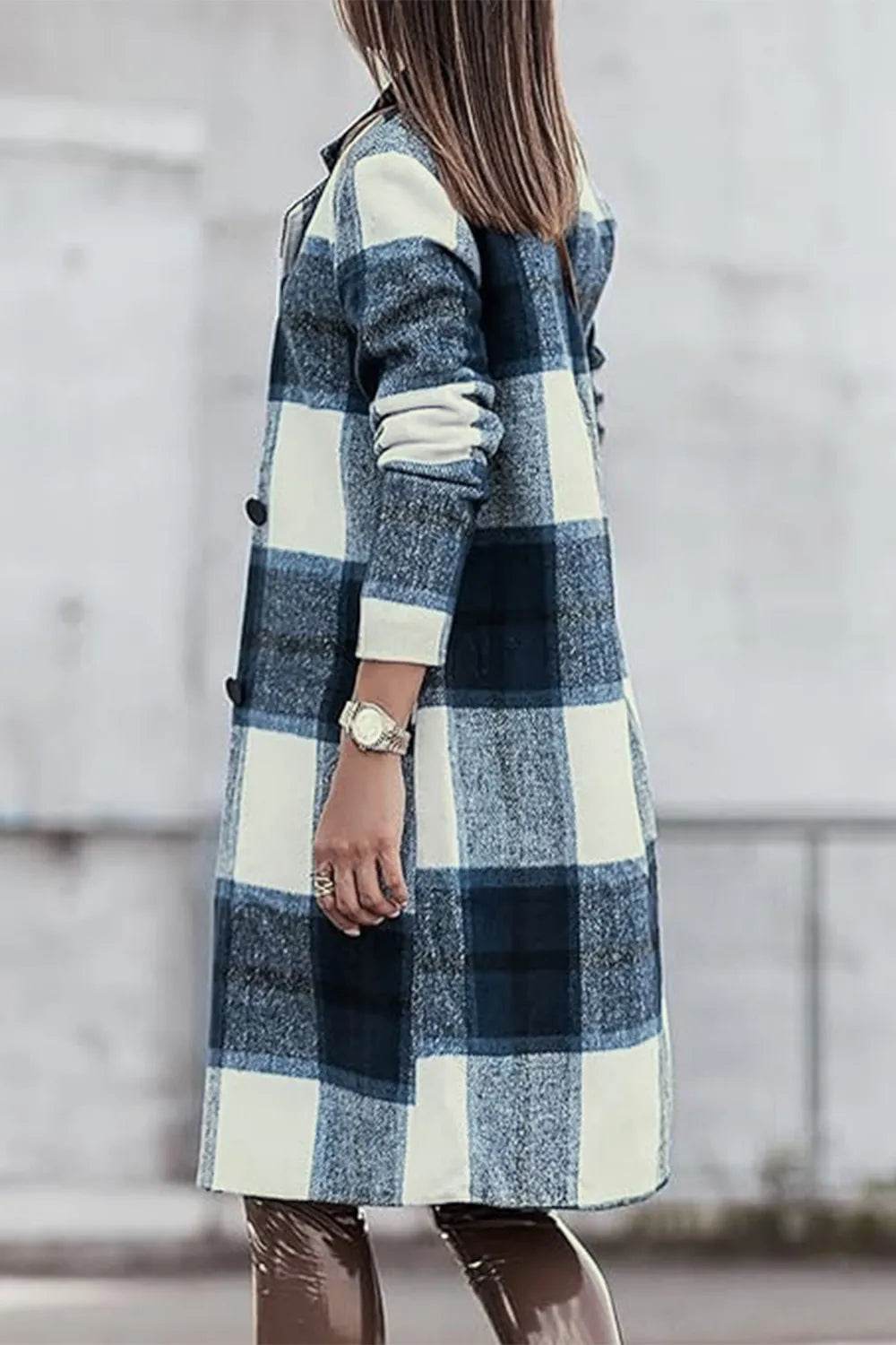 Double Take Full Size Plaid Button Up Lapel Collar Coat - IntuitiveEncBoutique
