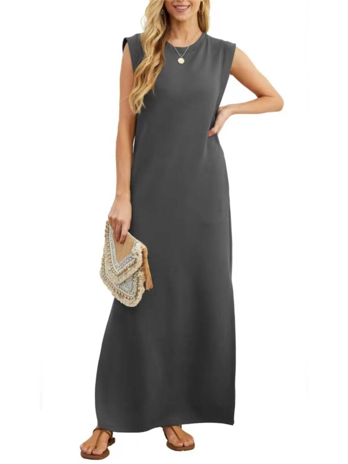 Full Size Slit Round Neck Sleeveless Maxi Tank Dress Plus Size - IntuitiveEncBoutique