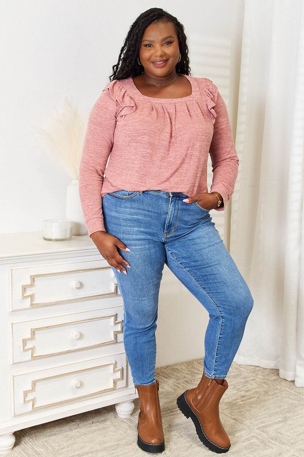 Double Take Square Neck Ruffle Shoulder Long Sleeve T-Shirt - IntuitiveEncBoutique