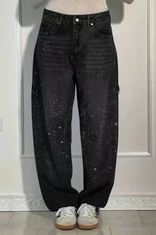 Full Size Washed Rhinestone Detail Wide leg Jeans Plus Size - IntuitiveEncBoutique