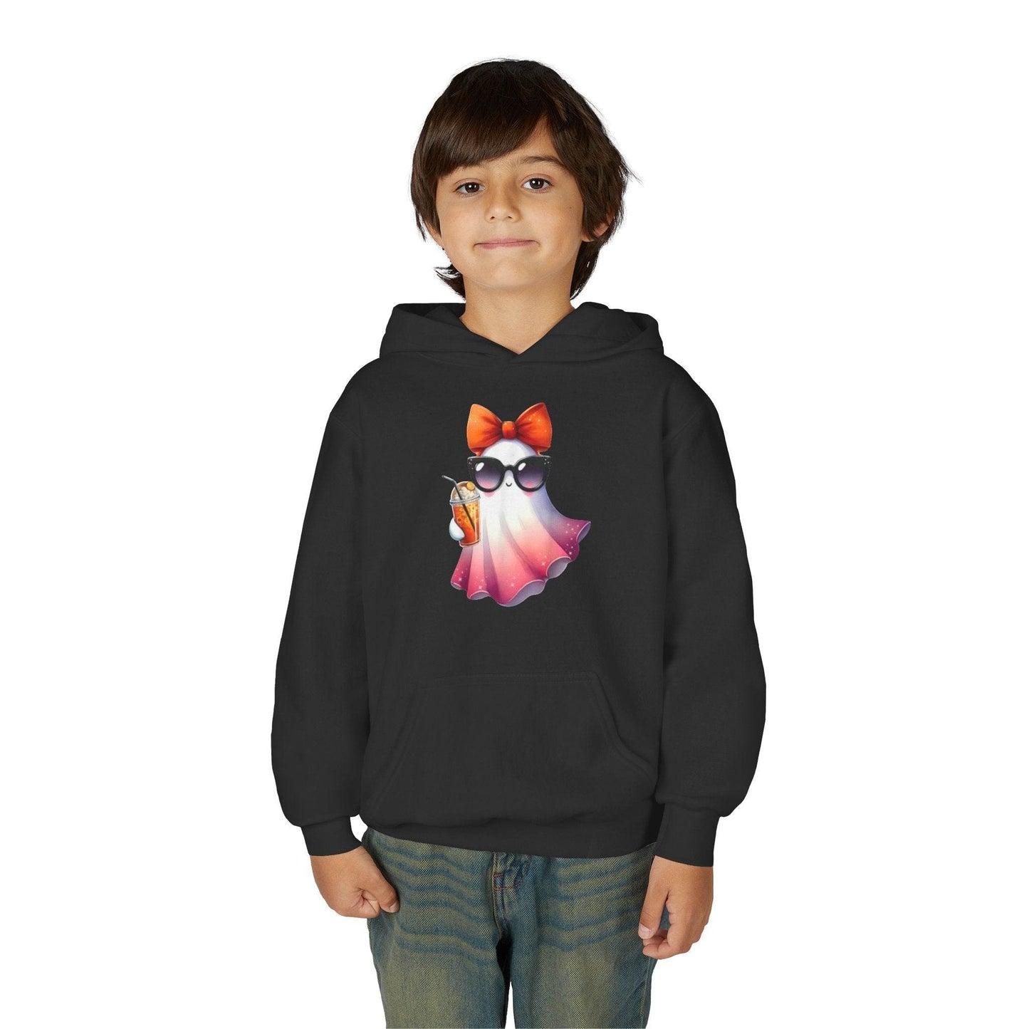 Youth Ghostly Glam Hoodie, Cute Ghost Design Sweatshirt, Halloween Apparel, Halloween Costume, Kids Hooded Sweatshirt - IntuitiveEncBoutique