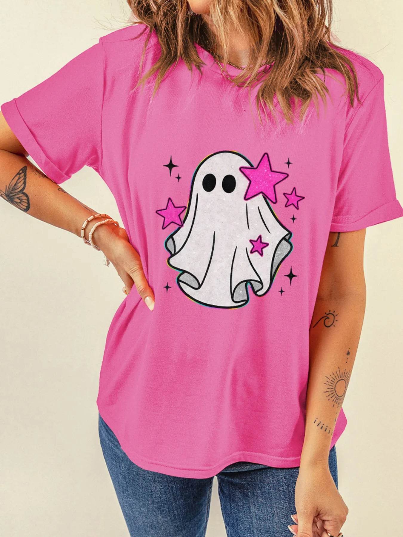 Ghost Graphic Halloween Round Neck T Shirt - IntuitiveEncBoutique
