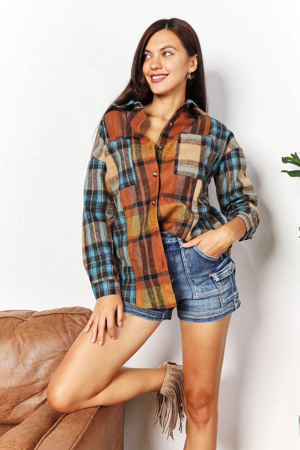 Double Take Plaid Curved Hem Shirt Jacket with Breast Pockets - IntuitiveEncBoutique