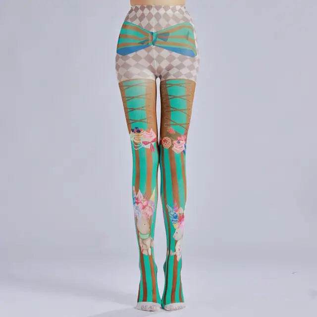 Cake ice cream printed pantyhose with striped checkered pattern as a base sock - IntuitiveEncBoutique