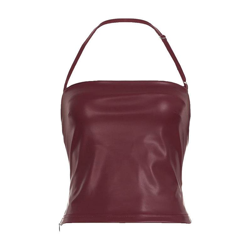 Lover's Unforgettable Motorcycle Style Girl PU Spliced One-Shoulder Halter Backless Top Sexy - IntuitiveEncBoutique