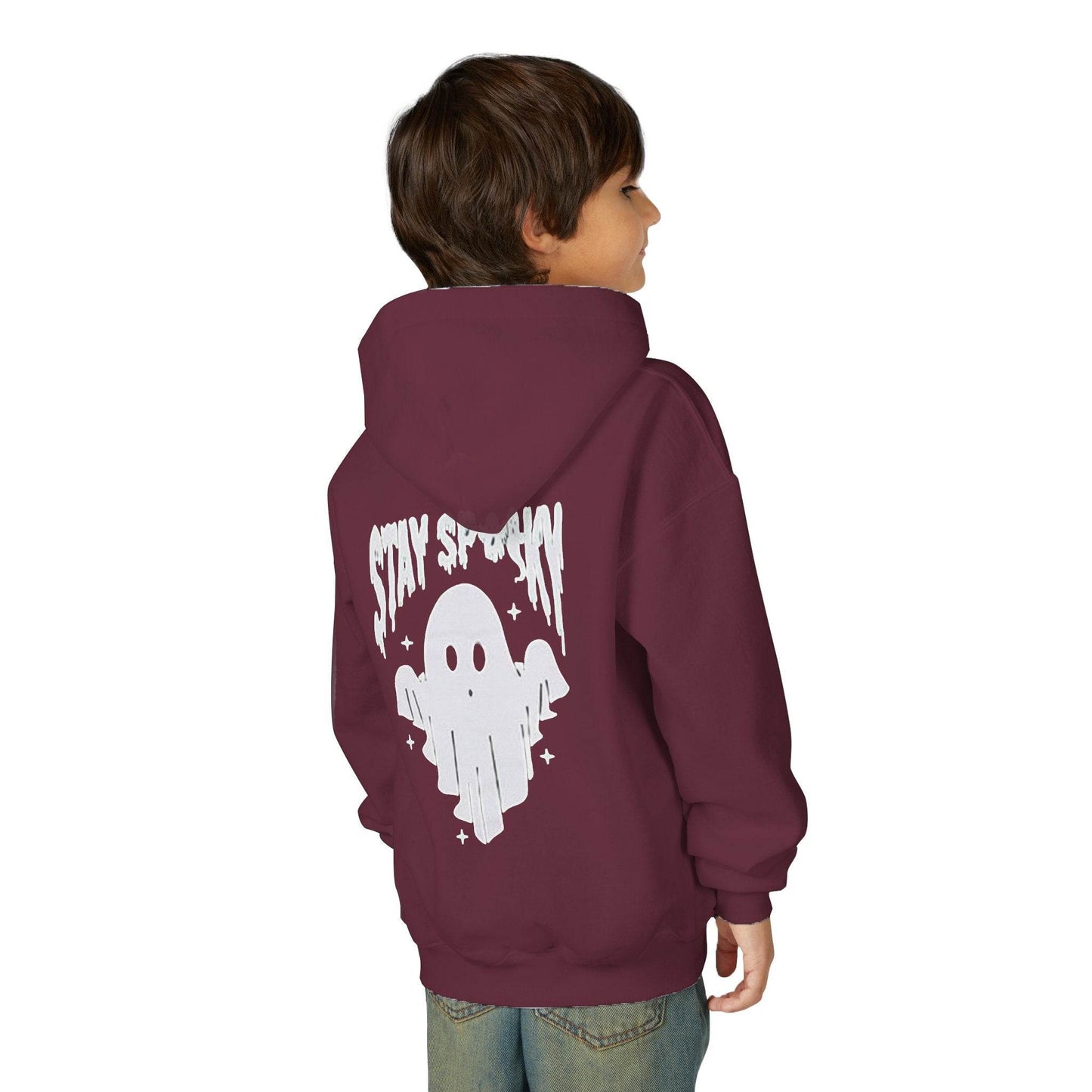 Youth Ghostly Rocker Hoodie - Stay Spooky Sweatshirt, Halloween Apparel, Youth Fashion, Skeleton Design, Cozy Gift - IntuitiveEncBoutique
