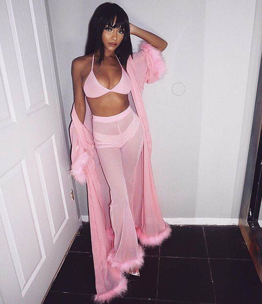 Mesh High Waist Pants and Long Sleeve Crop Top Sets Party Clubwear Sexy Faux Fur Outfit Two Piece Sets - IntuitiveEncBoutique