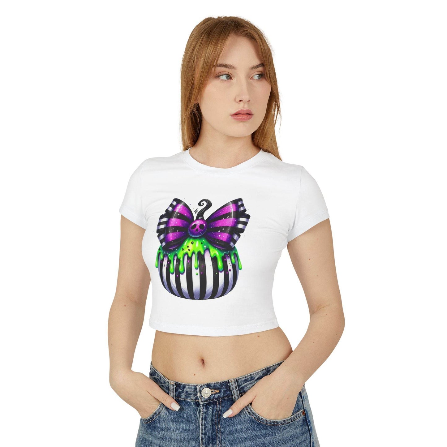 Cute Halloween Baby Tee with Spooky Bow Design | Women's Graphic T-Shirt, Party Shirt, Fall Fashion, Gift Idea, Casual Wear - IntuitiveEncBoutique