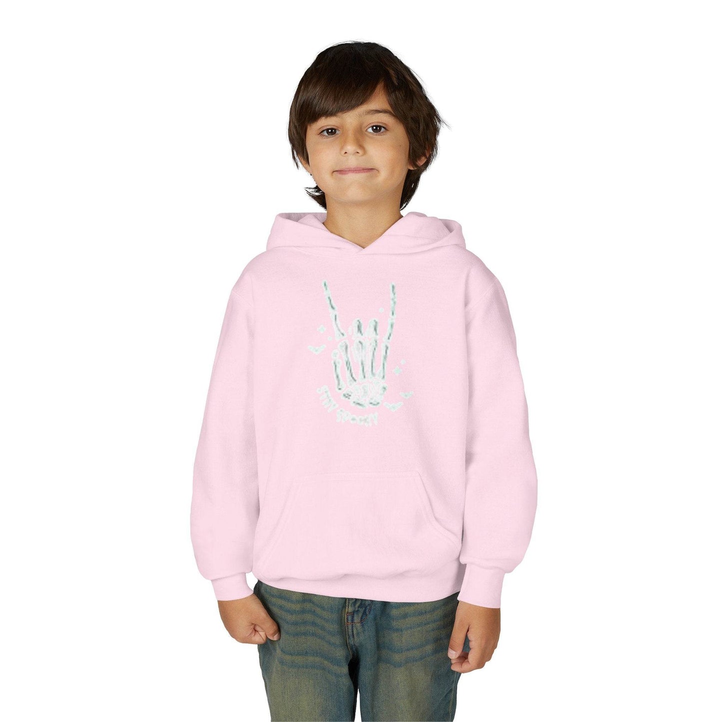 Youth Ghostly Rocker Hoodie - Stay Spooky Sweatshirt, Halloween Apparel, Youth Fashion, Skeleton Design, Cozy Gift - IntuitiveEncBoutique