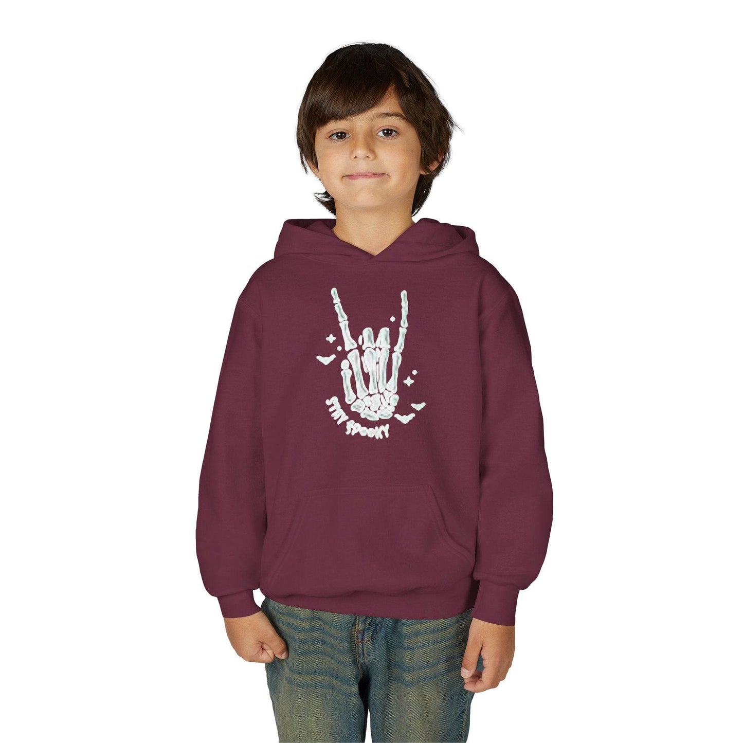 Youth Ghostly Rocker Hoodie - Stay Spooky Sweatshirt, Halloween Apparel, Youth Fashion, Skeleton Design, Cozy Gift - IntuitiveEncBoutique