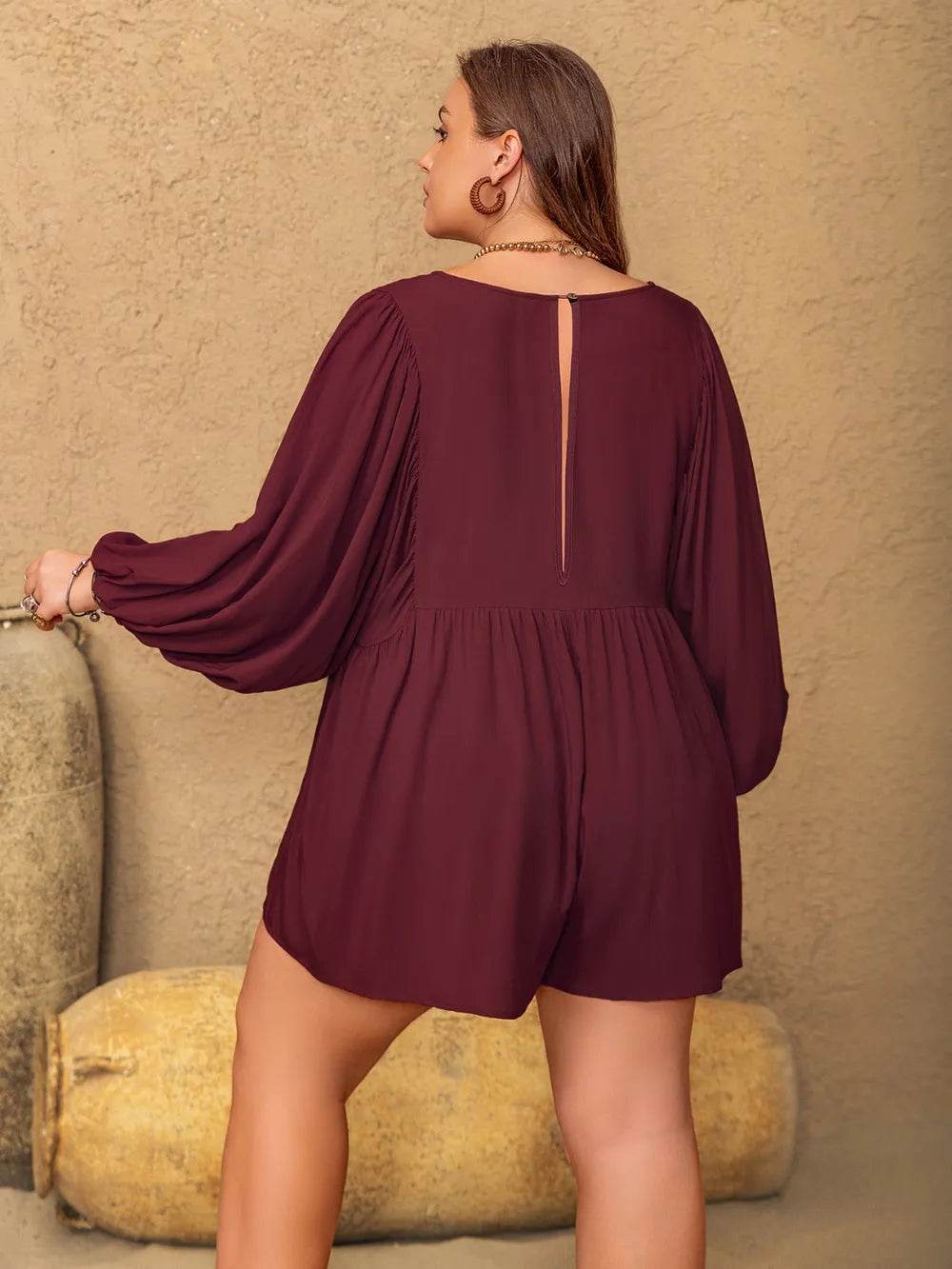Plus Size Tie Neck Balloon Sleeve Romper - IntuitiveEncBoutique