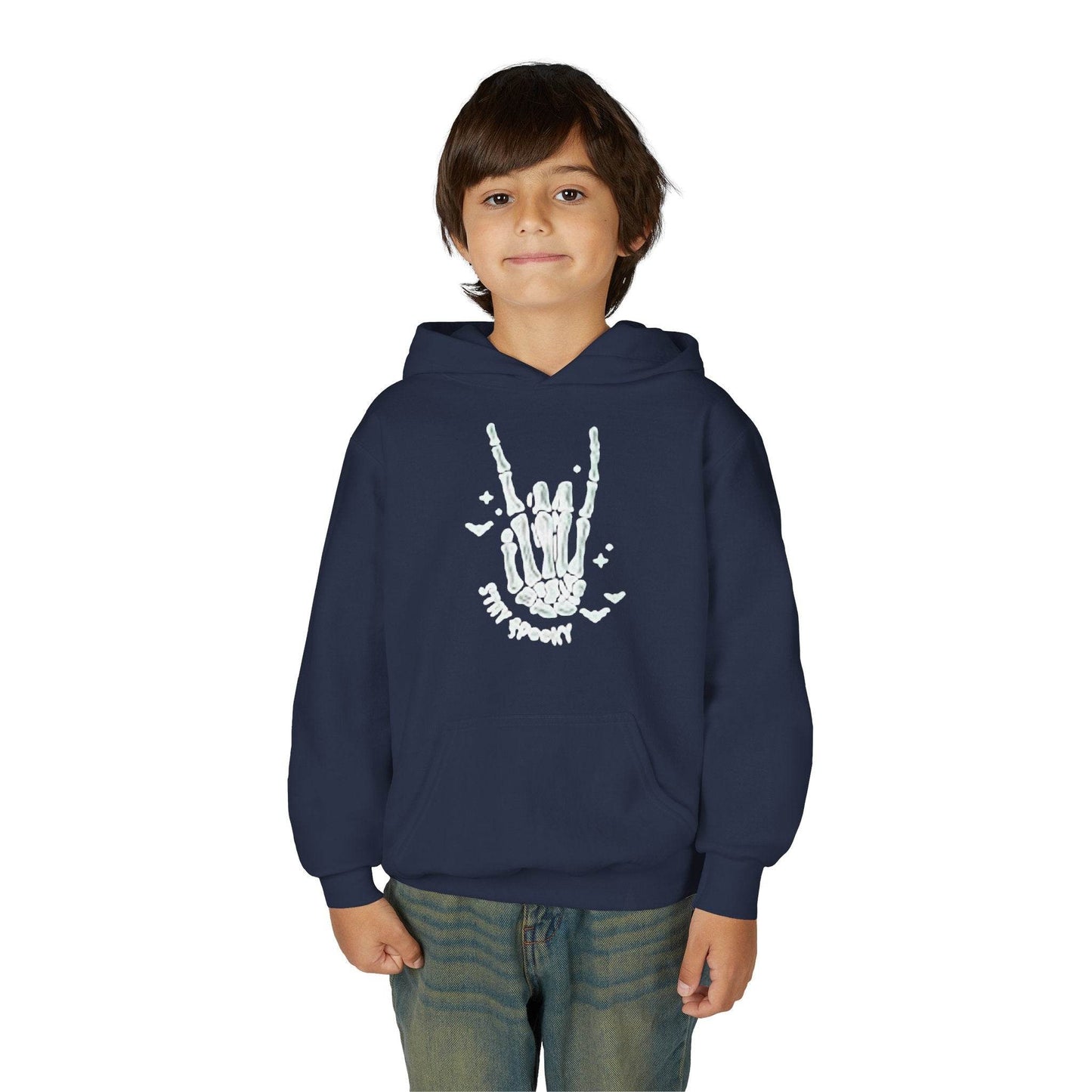 Youth Ghostly Rocker Hoodie - Stay Spooky Sweatshirt, Halloween Apparel, Youth Fashion, Skeleton Design, Cozy Gift - IntuitiveEncBoutique