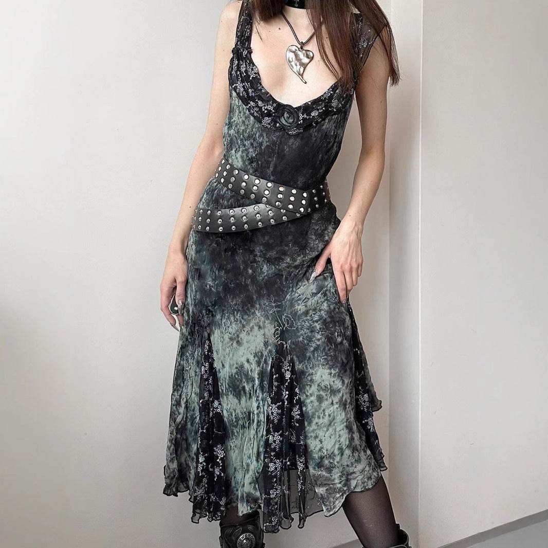 Gothic Vintage Tie-Dye Floral Ruffle Irregular Hem Dress with Sexy Lace Mesh Sleeveless Long Skirt - IntuitiveEncBoutique