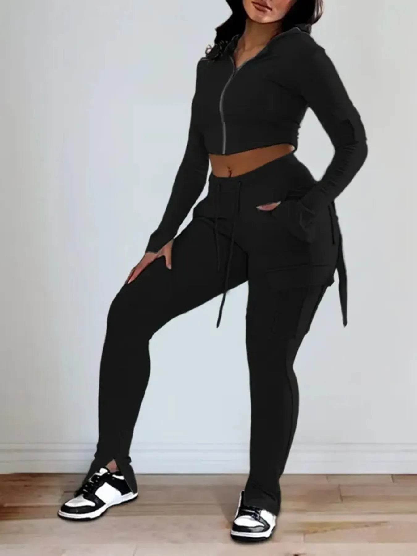 Full Size Zip Up Long Sleeve Hooded Top and Cargo Pants Set Plus Size - IntuitiveEncBoutique
