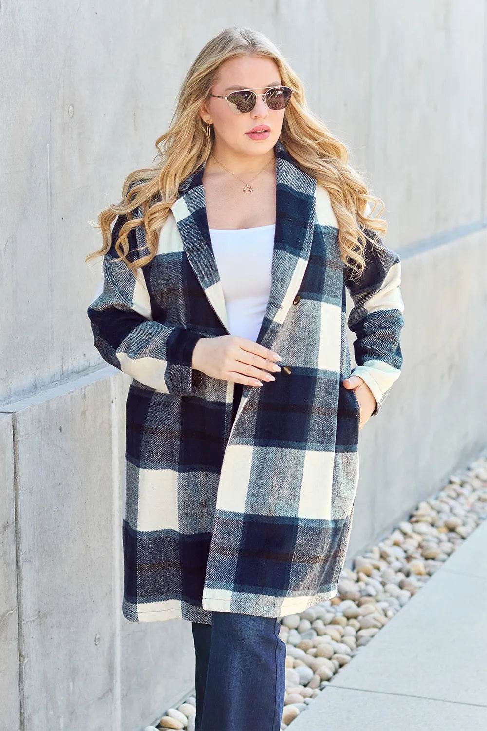 Double Take Full Size Plaid Button Up Lapel Collar Coat - IntuitiveEncBoutique