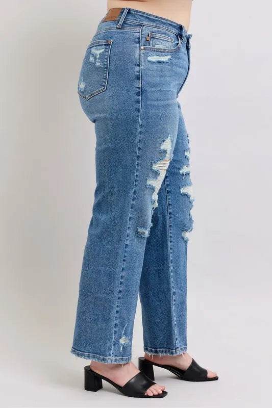 Judy Blue Full Size High Waist Heavy Destroy Straight Jeans Plus Size - IntuitiveEncBoutique