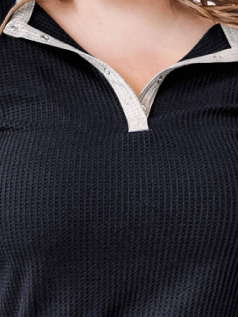 Plus Size Waffle-Knit Half Snap Long Sleeve Shirt - IntuitiveEncBoutique