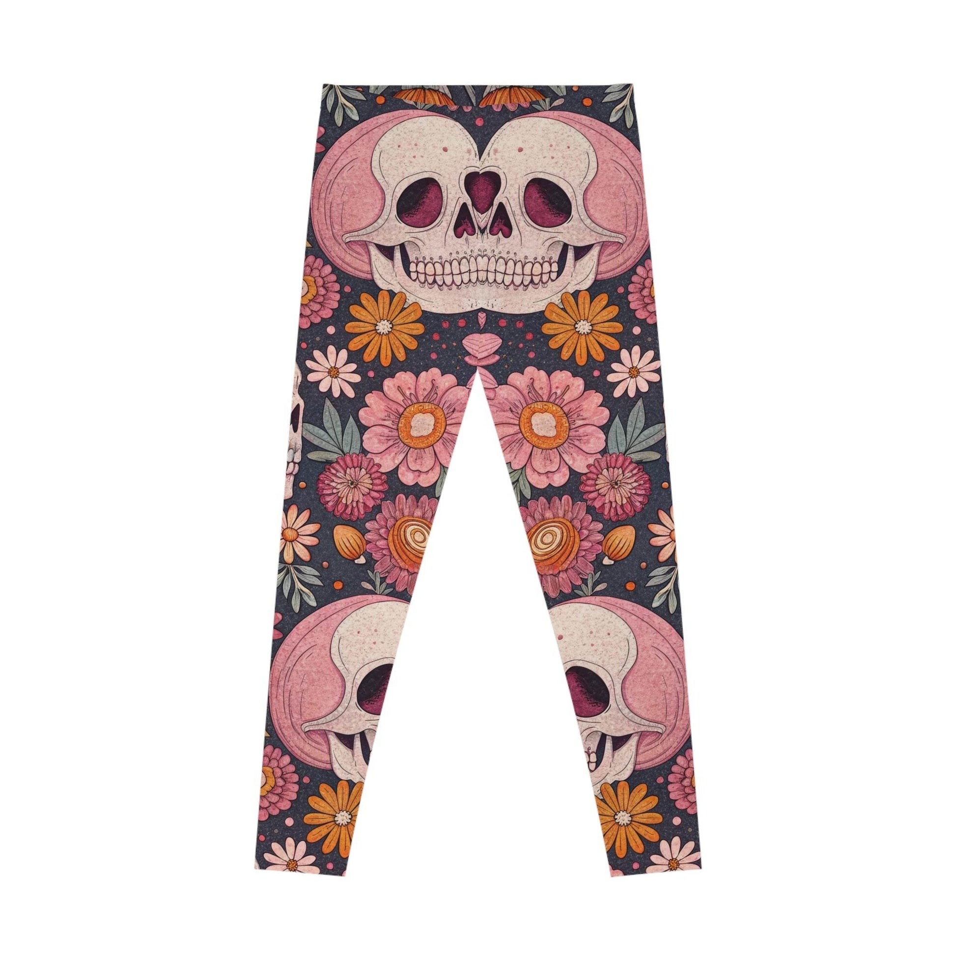 Floral Skull Leggings – Trendy Stretchy Leggings for Exercise, Casual Wear, Halloween, Festivals, and Everyday Comfort - IntuitiveEncBoutique