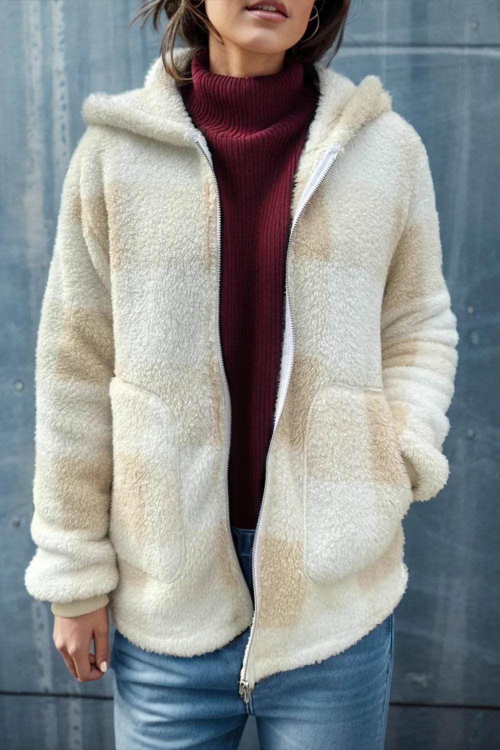 Double Take Full Size Plaid Long Sleeve Hooded Coat - IntuitiveEncBoutique