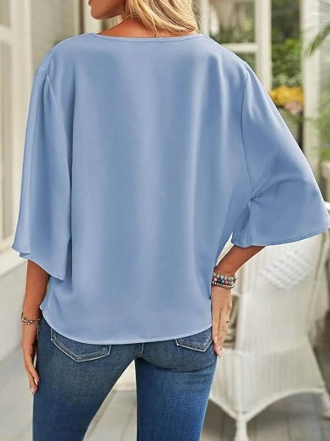 Full Size Ruched Three-Quarter Sleeve Blouse Plus Size - IntuitiveEncBoutique
