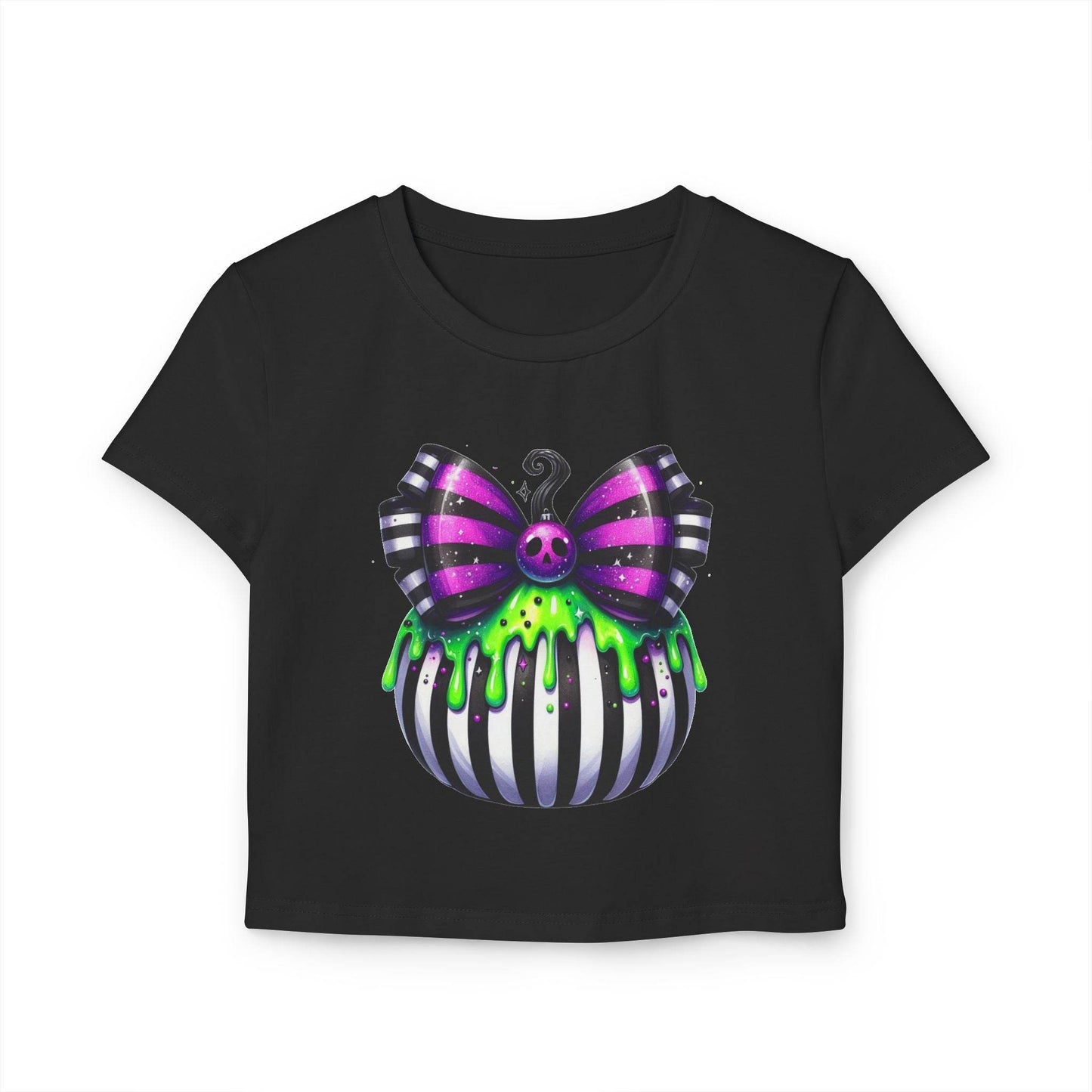Cute Halloween Baby Tee with Spooky Bow Design | Women's Graphic T-Shirt, Party Shirt, Fall Fashion, Gift Idea, Casual Wear - IntuitiveEncBoutique