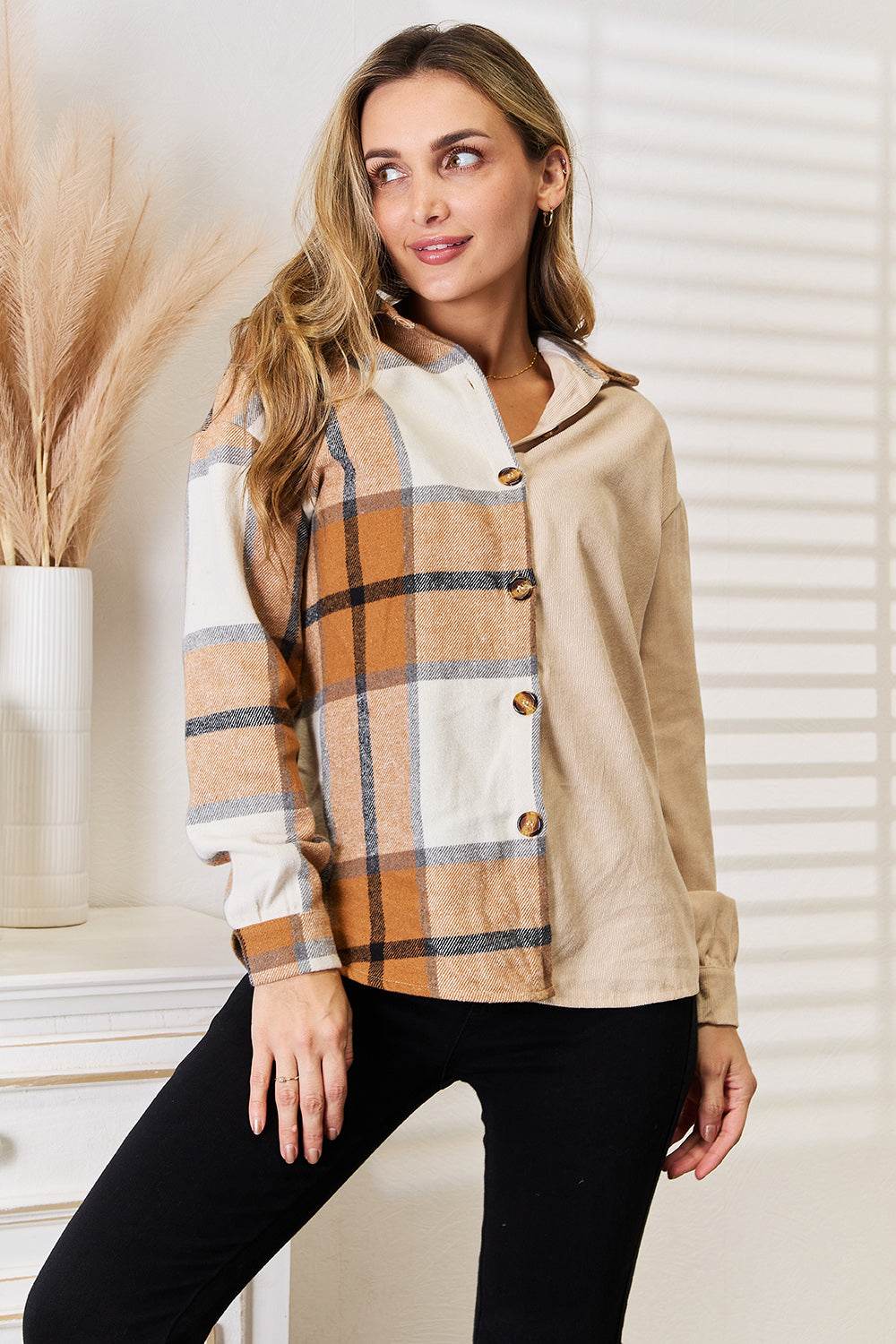 Perfee Plaid Print Dropped Shoulder Shirt - IntuitiveEncBoutique